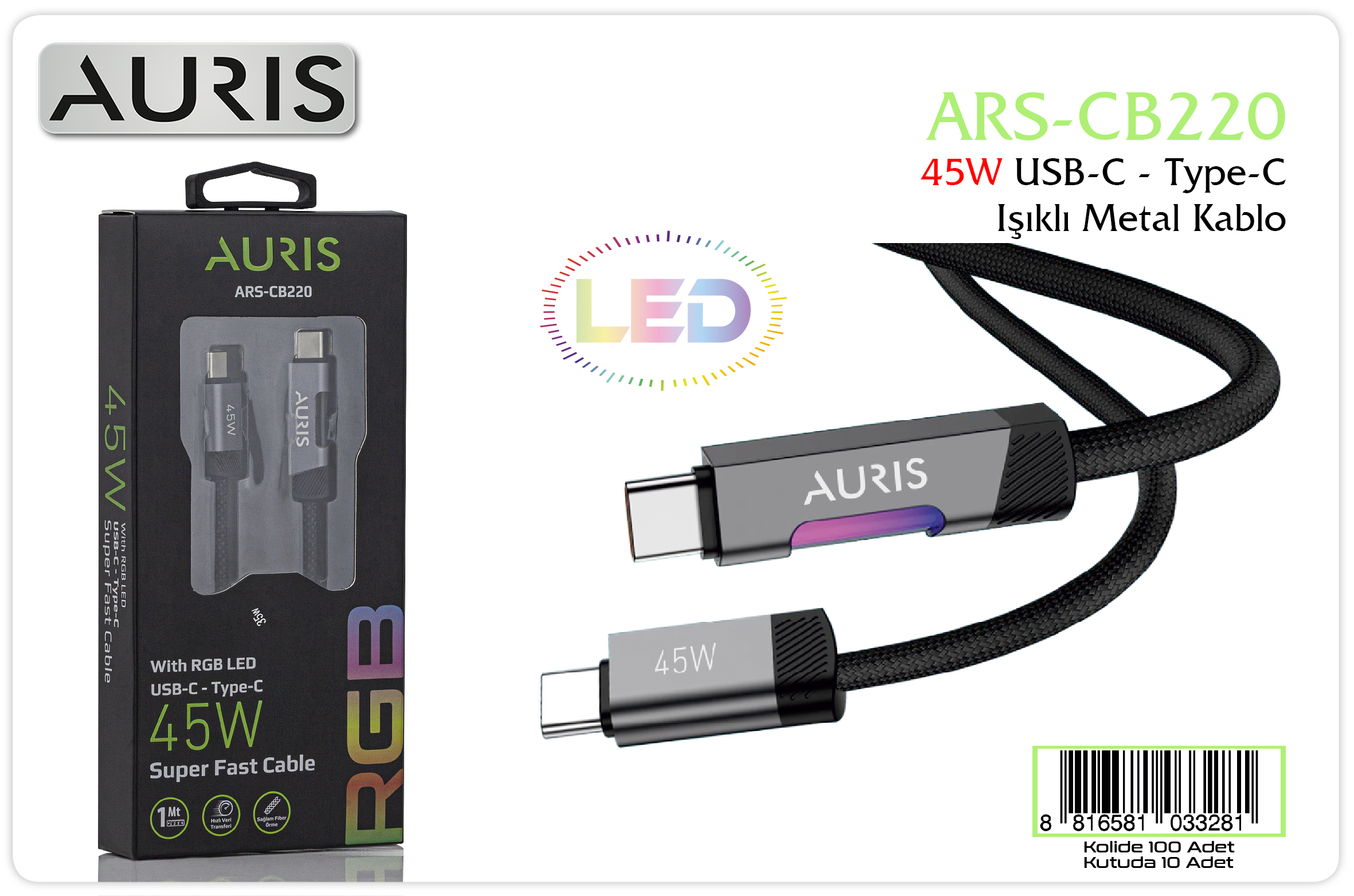 CB220 45W Usb-C Type-C Işıklı Metal Hasır Kablo