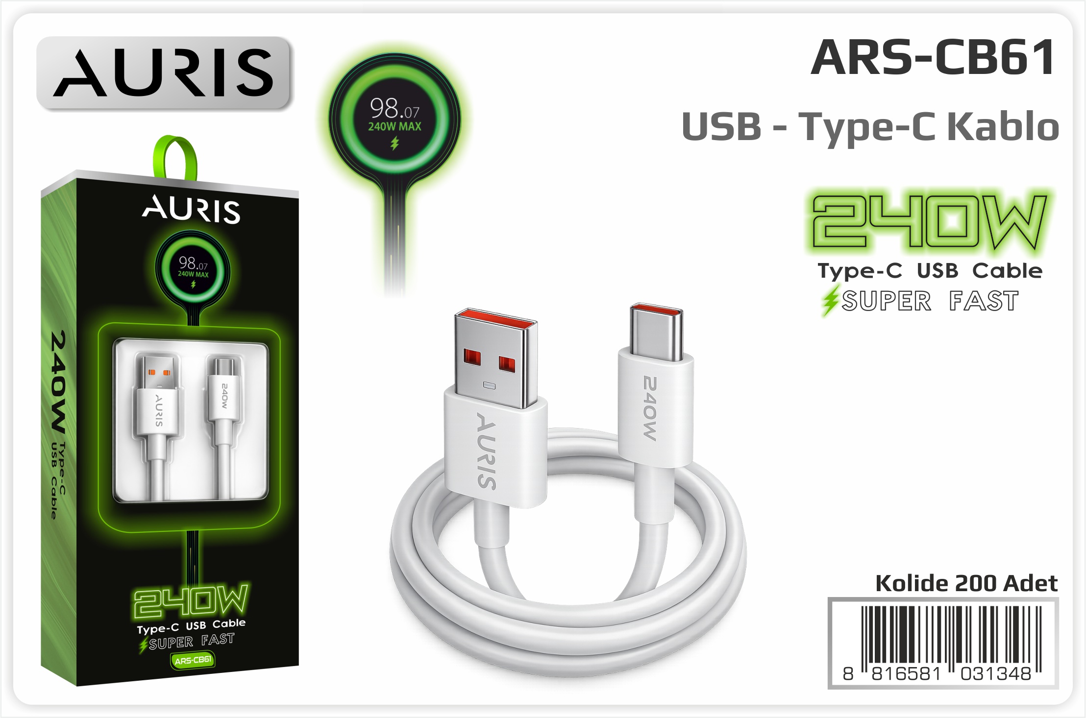 CB61 240W Type-C Saliseli Usb Kablo