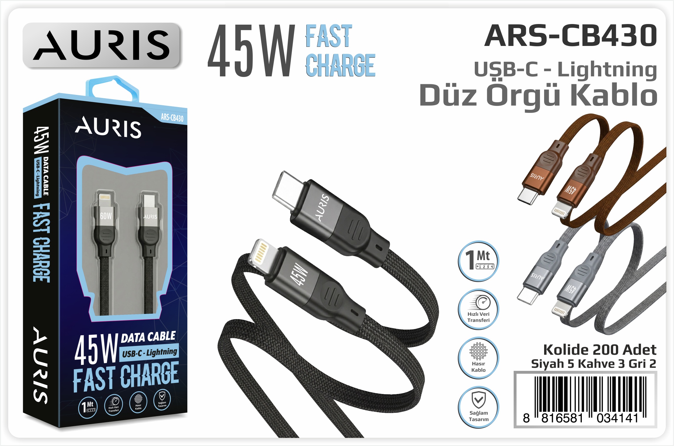 CB430 45W Usb-C Lightning Fast Hasır Flat Kablo