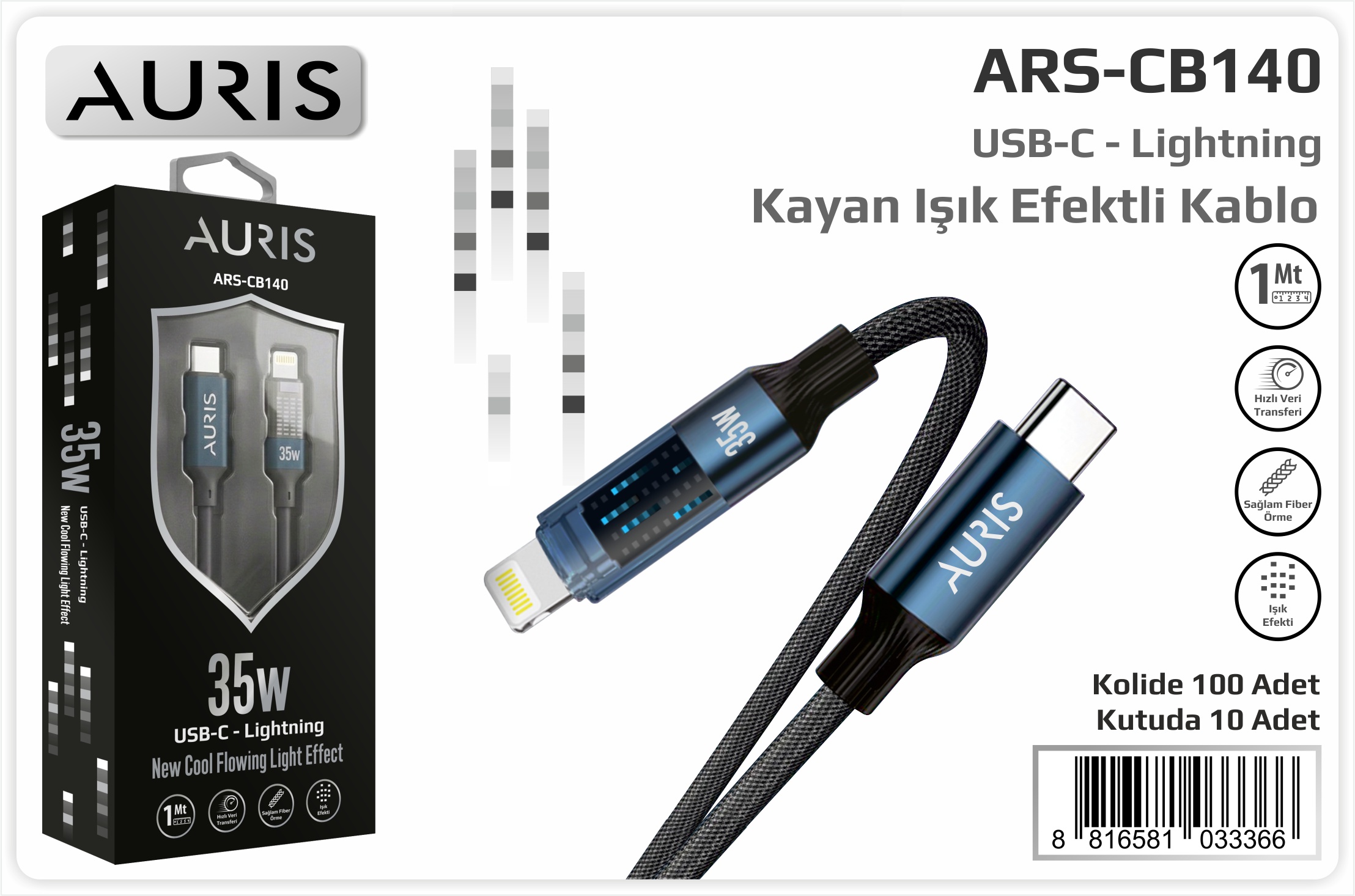 CB140 35W Usb-C Lightning Işıklı Metal Hasır Kablo