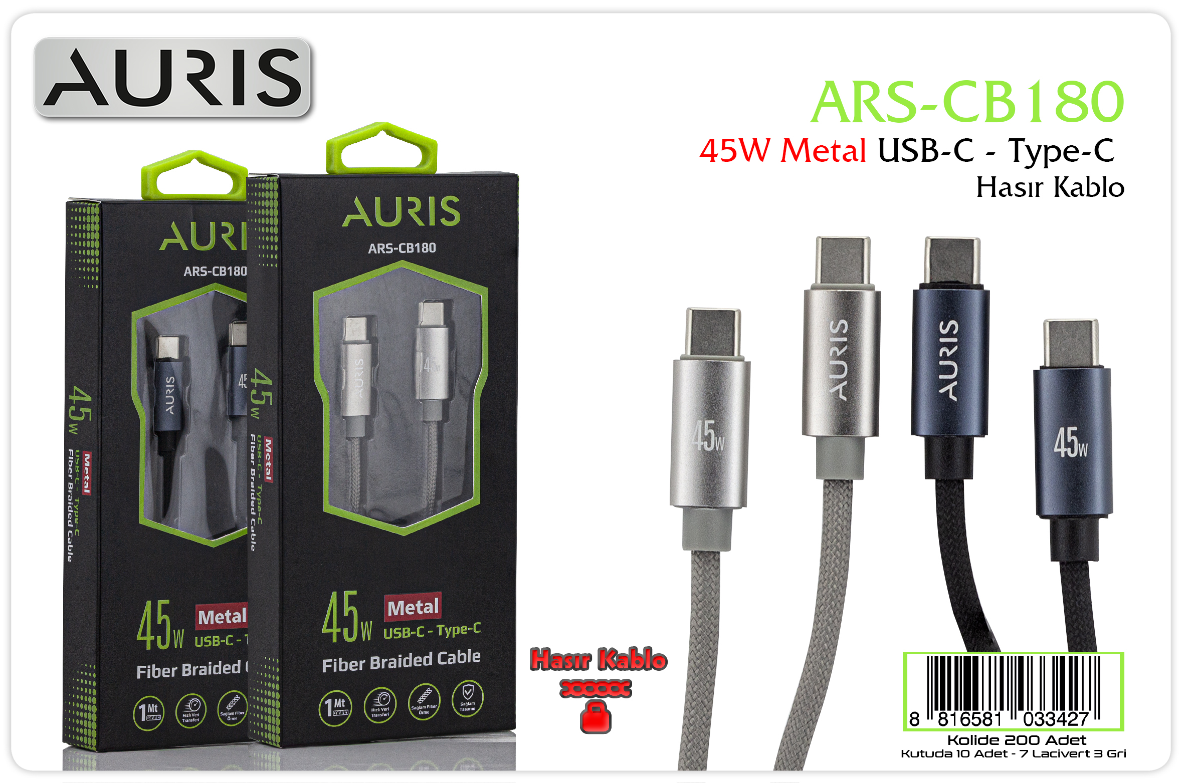 CB180 45W Usb-C Type-C Metal Hasır Kablo