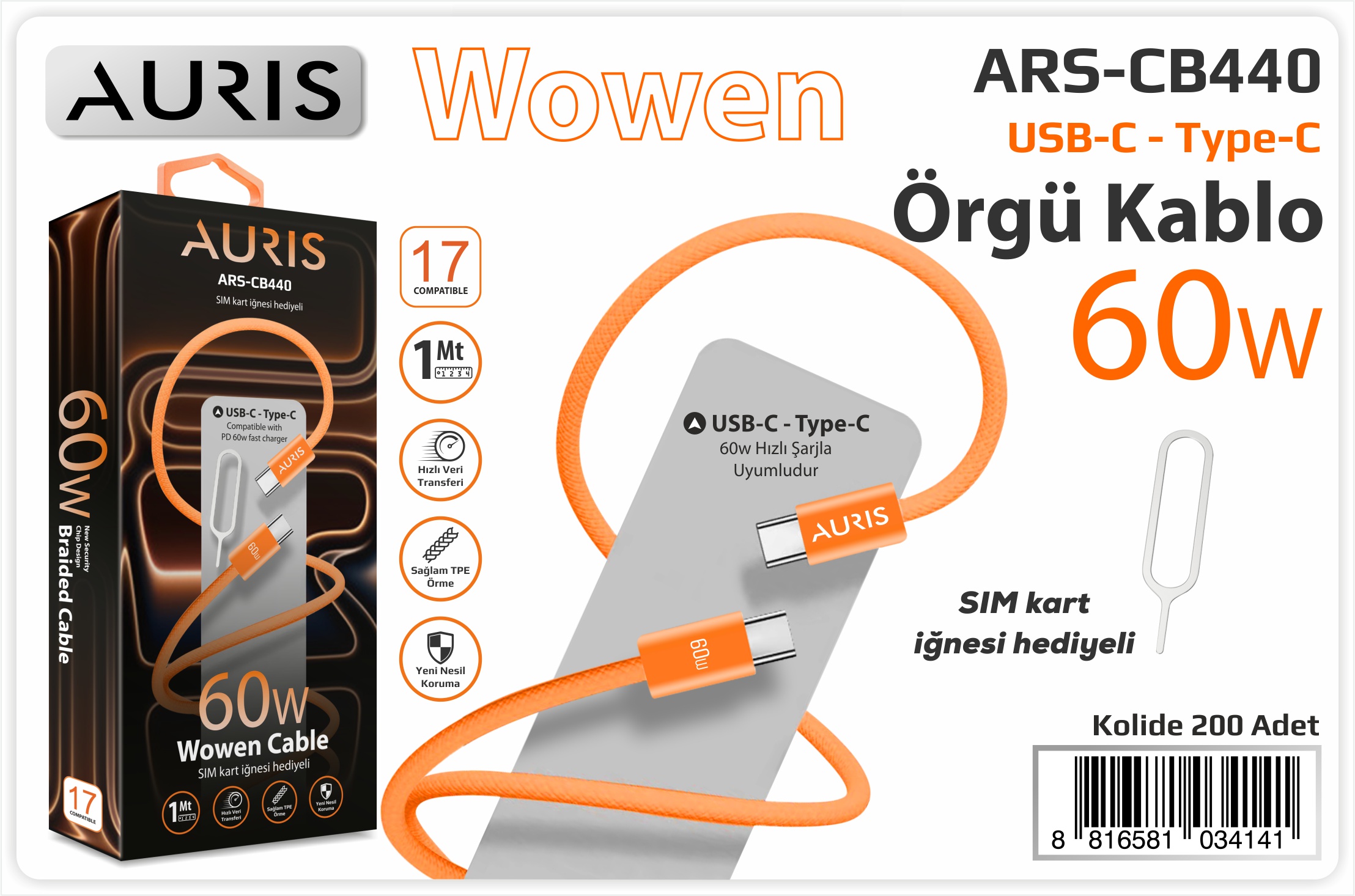 CB440 60W Usb-C Type-C Hasır Orange Kablo