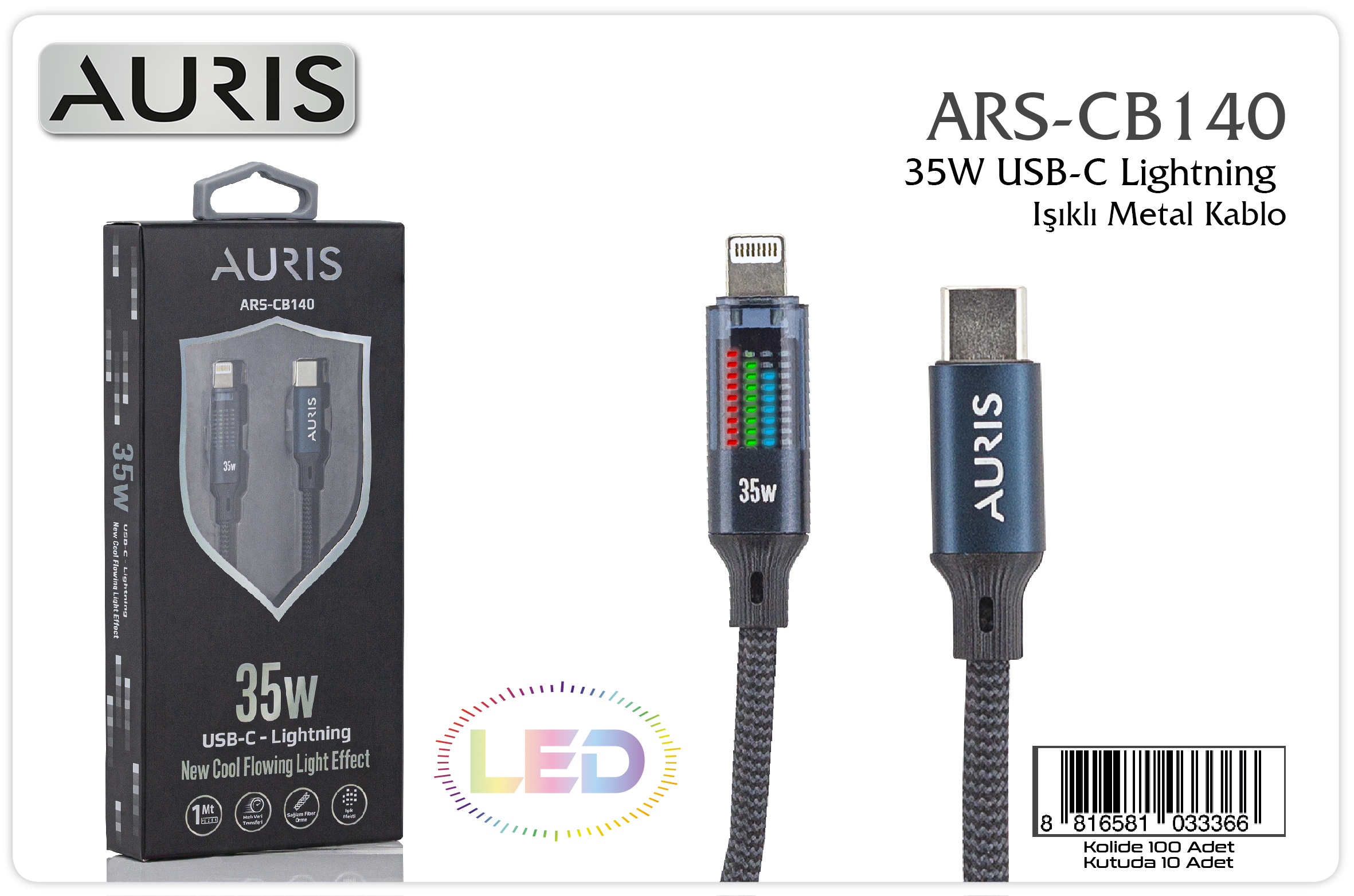 CB140 35W Usb-C Lightning Işıklı Metal Hasır Kablo