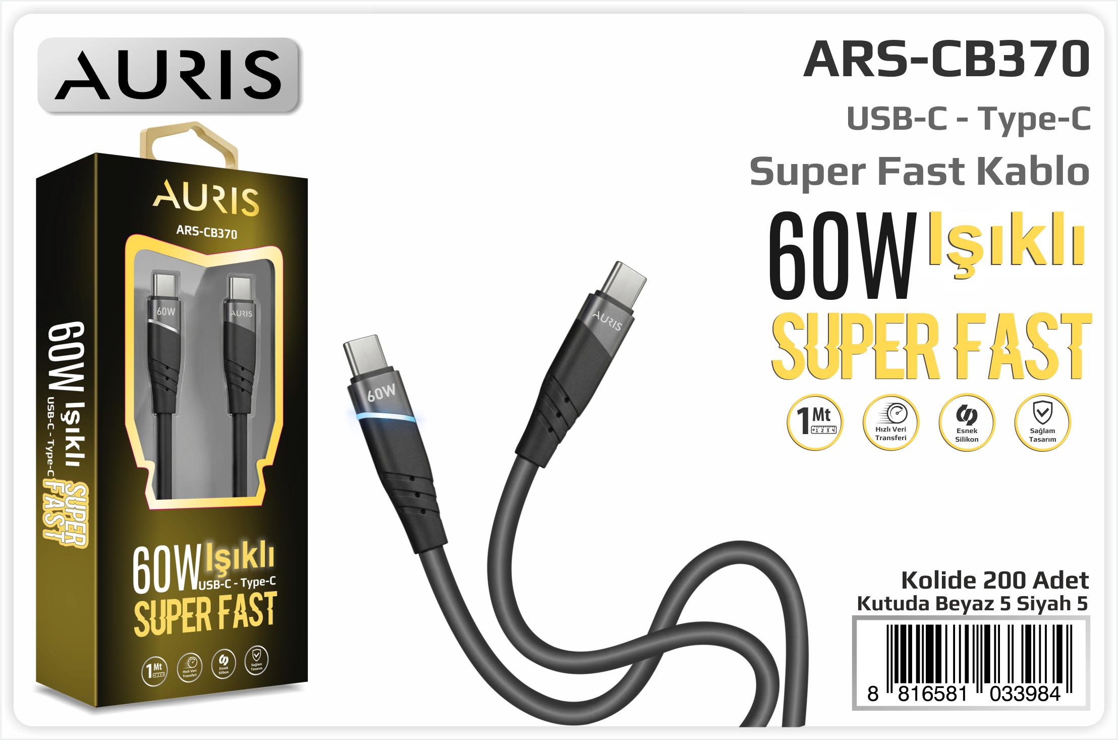 CB370 60W Usb-C Type-C Işıklı Metal Slikon Kablo