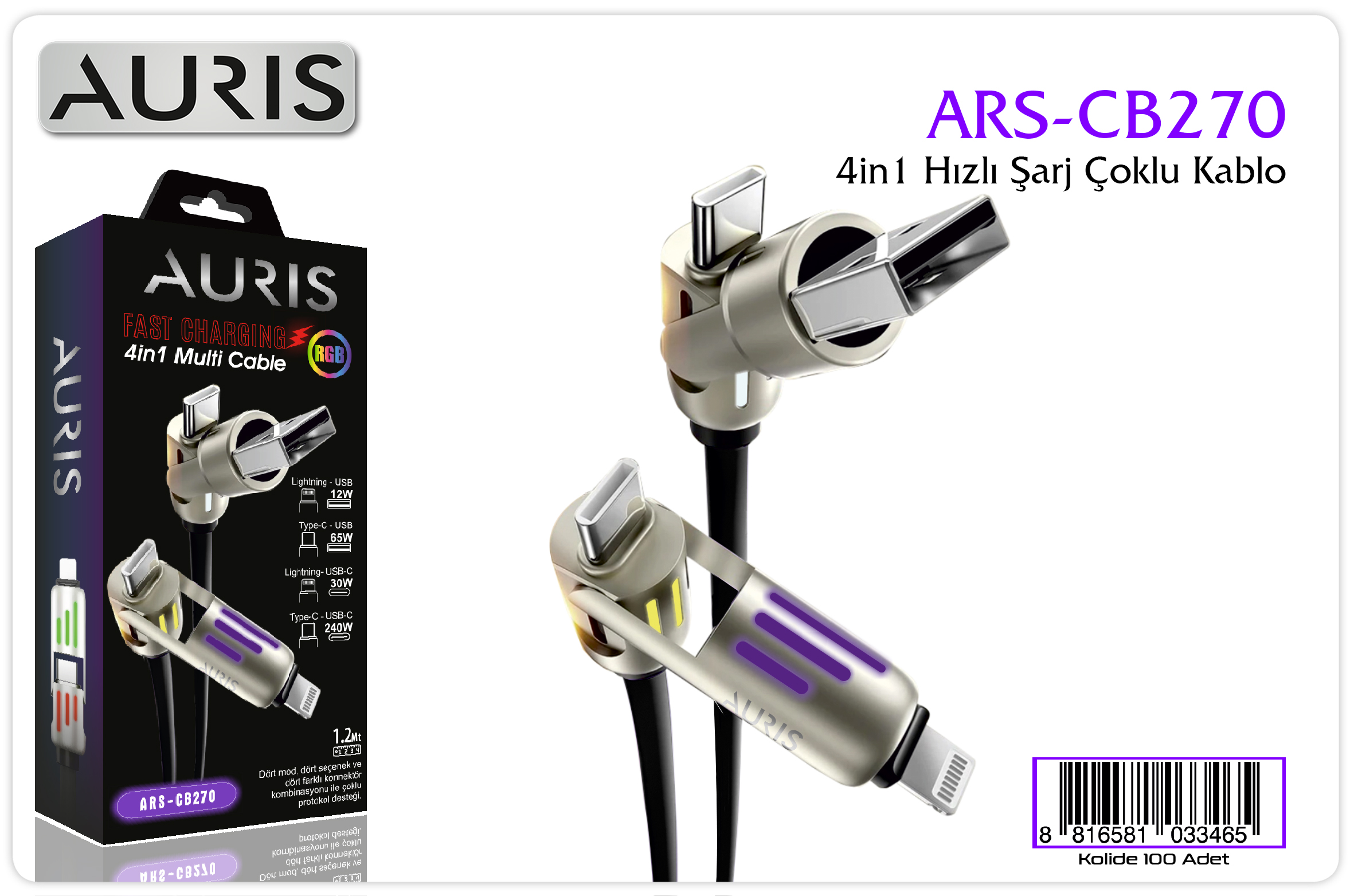 CB270 Işıklı 4in1 Kablo