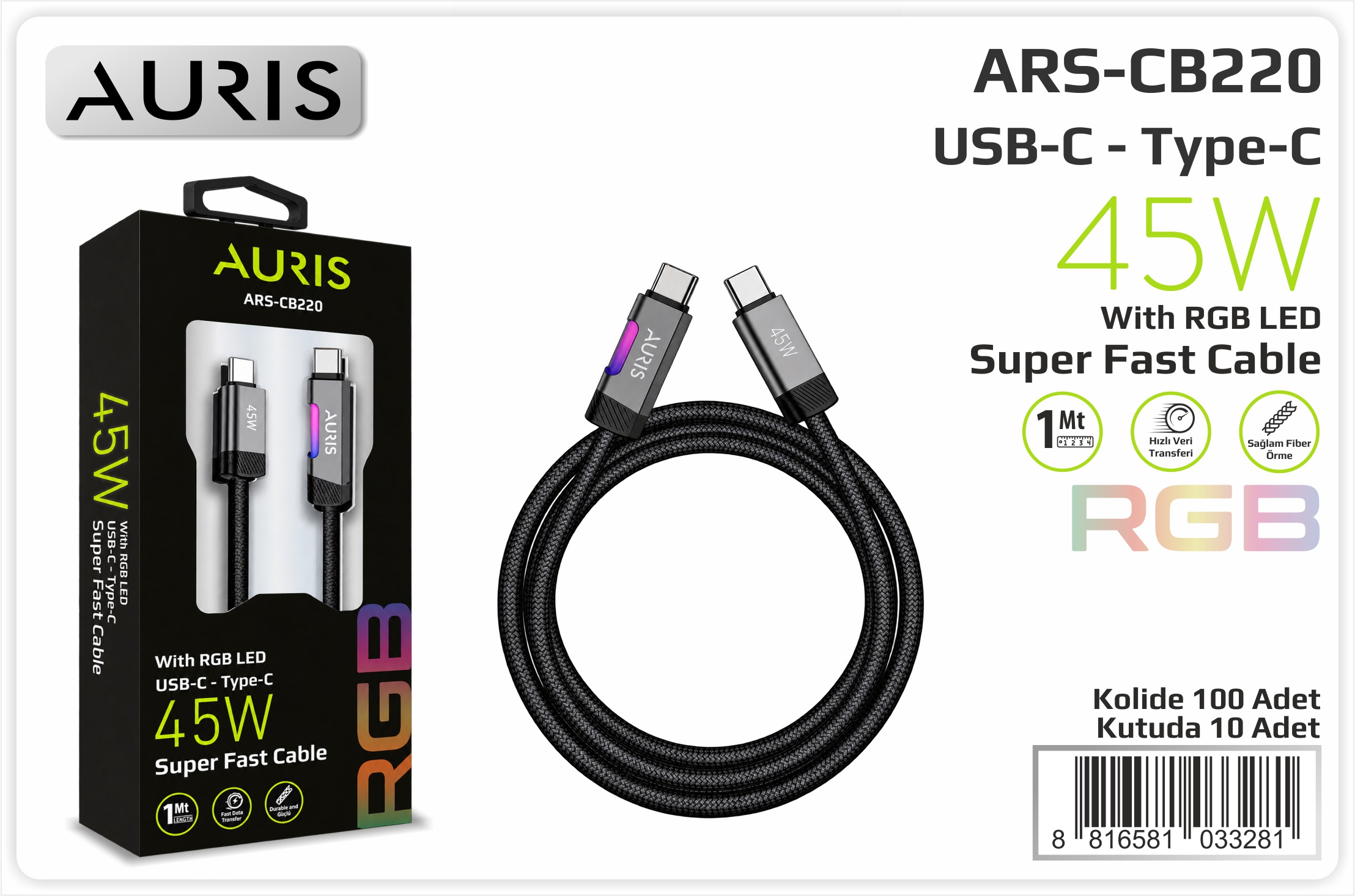 CB220 45W Usb-C Type-C Işıklı Metal Hasır Kablo
