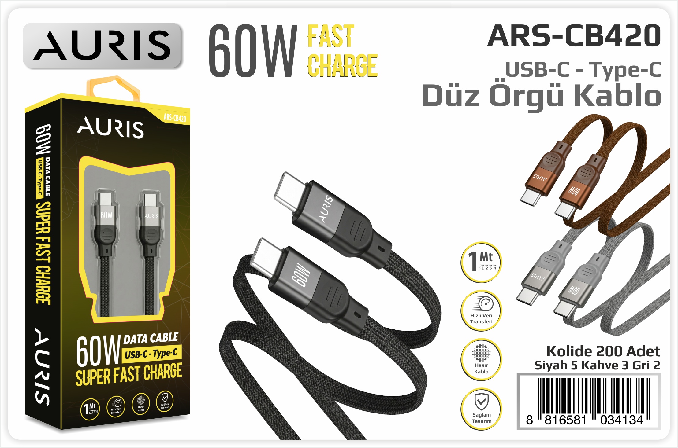 CB420 60W Usb-C Type-C S.Fast Hasır Flat Kablo