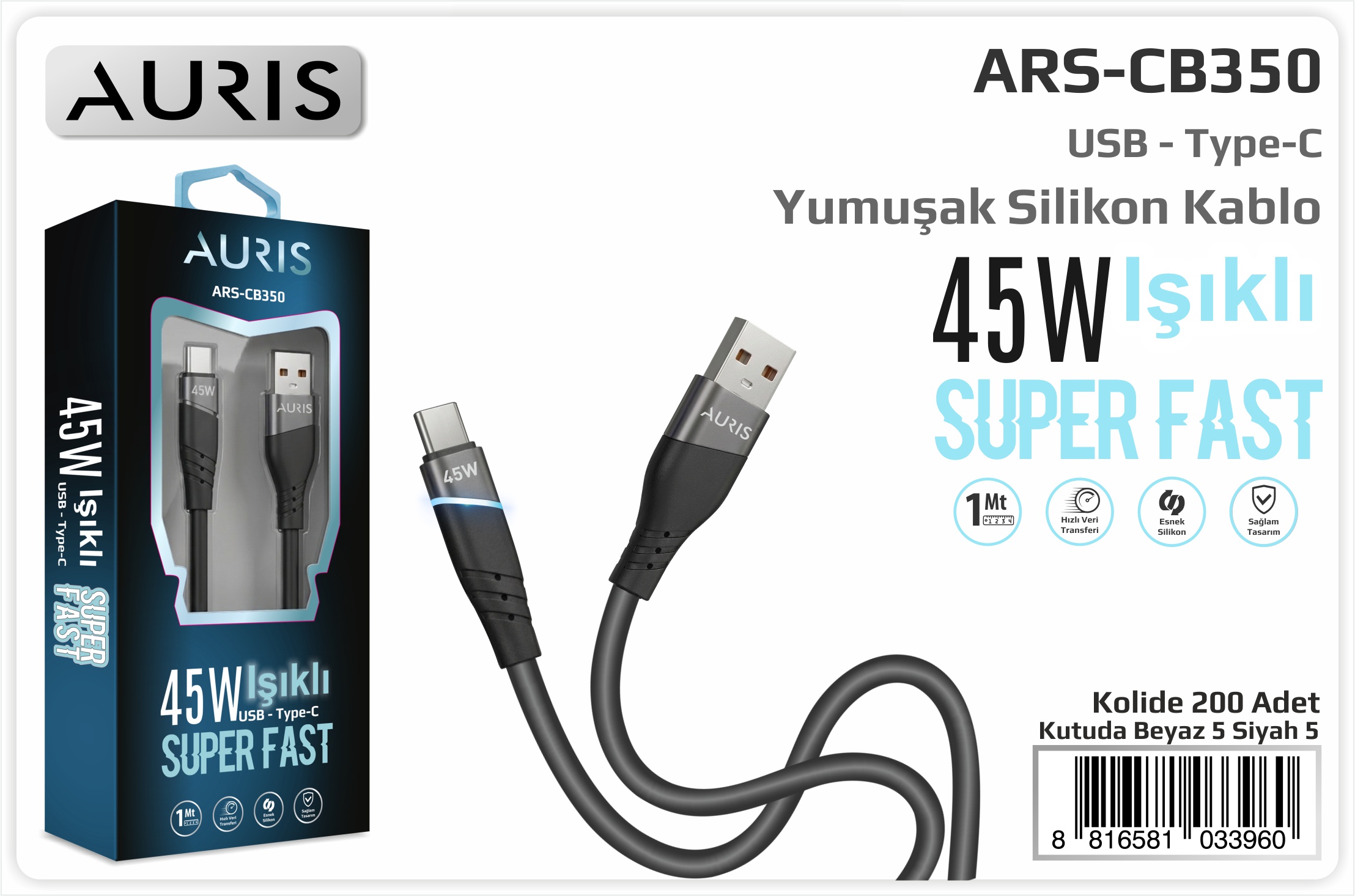 CB350 45W Type-C Işıklı Metal Slikon Kablo