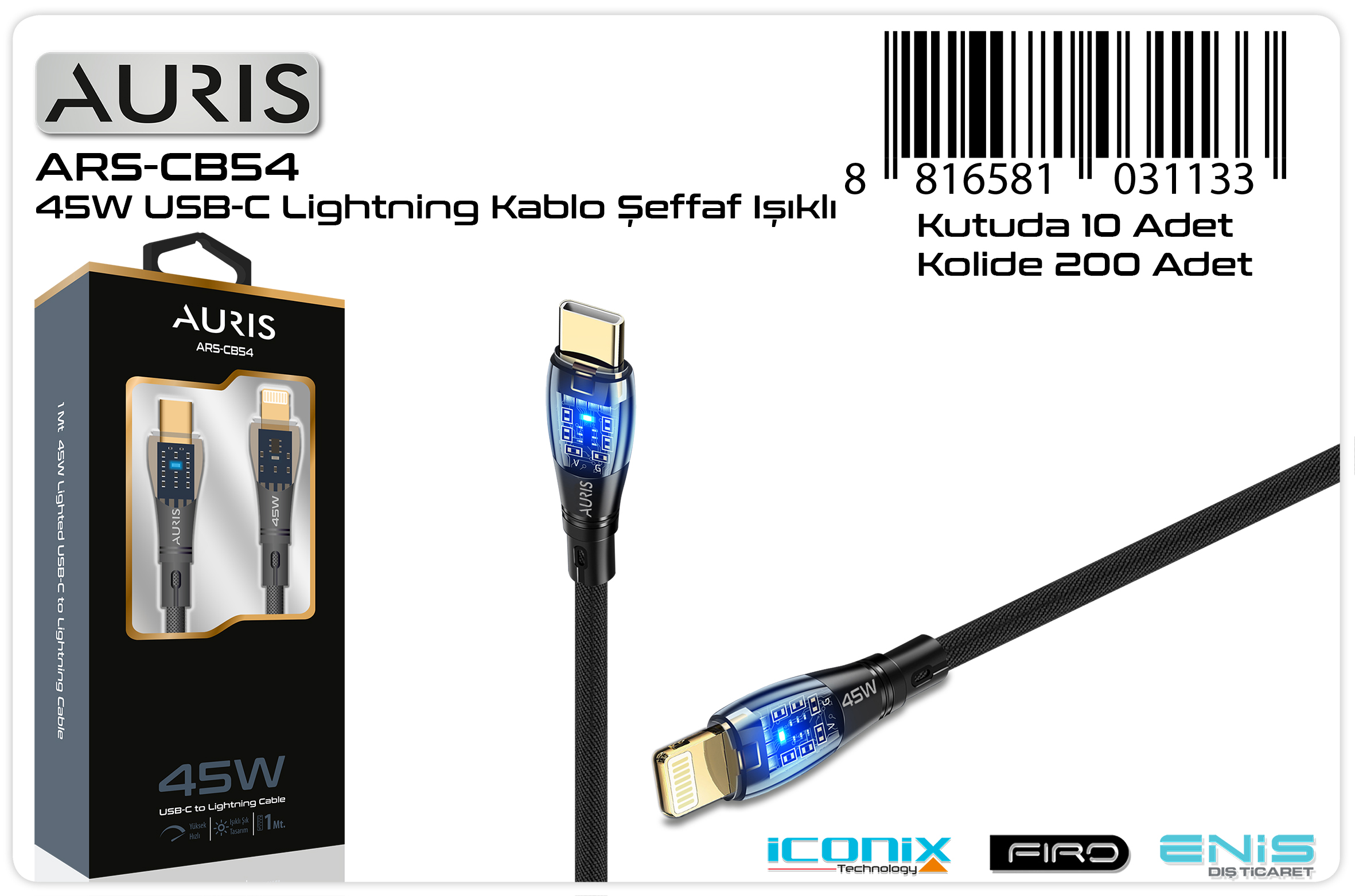 CB54 45W Usb-C Lightning Kablo Işıklı Şeffaf