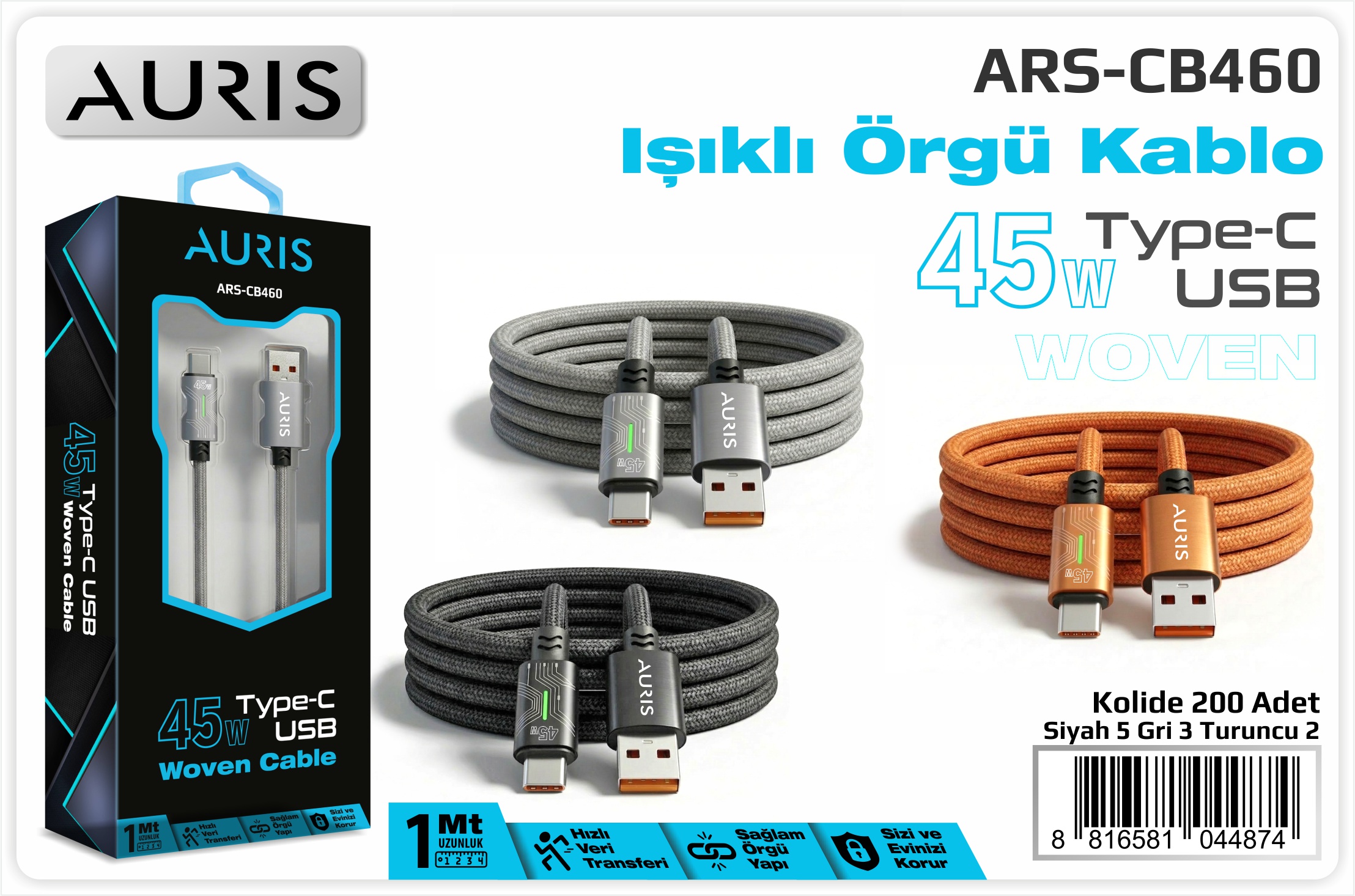 CB460 45W Type-C Işıklı Metal Hasır Kablo