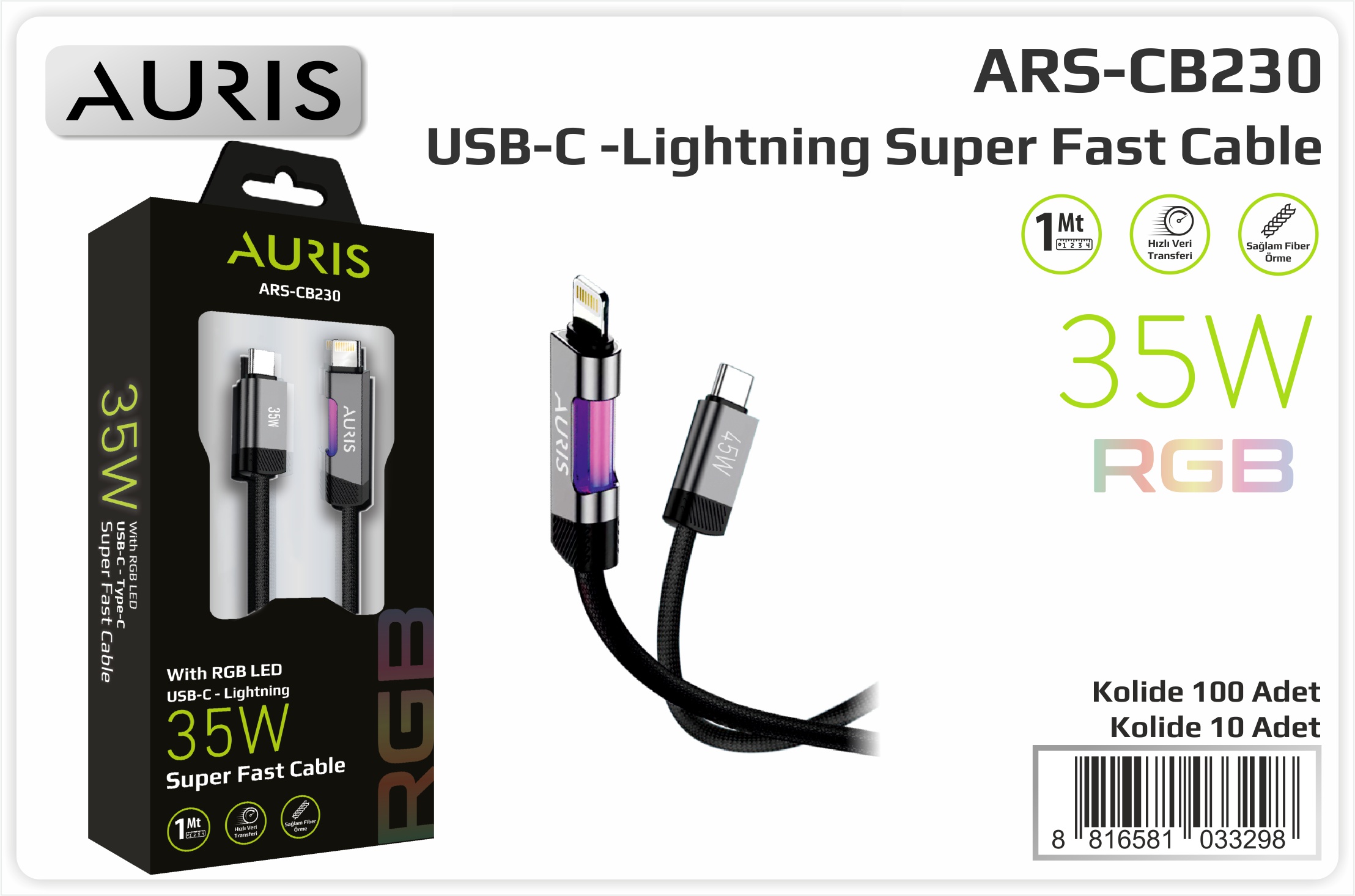 CB230 35W Usb-C Lightning Işıklı Metal Hasır Kablo