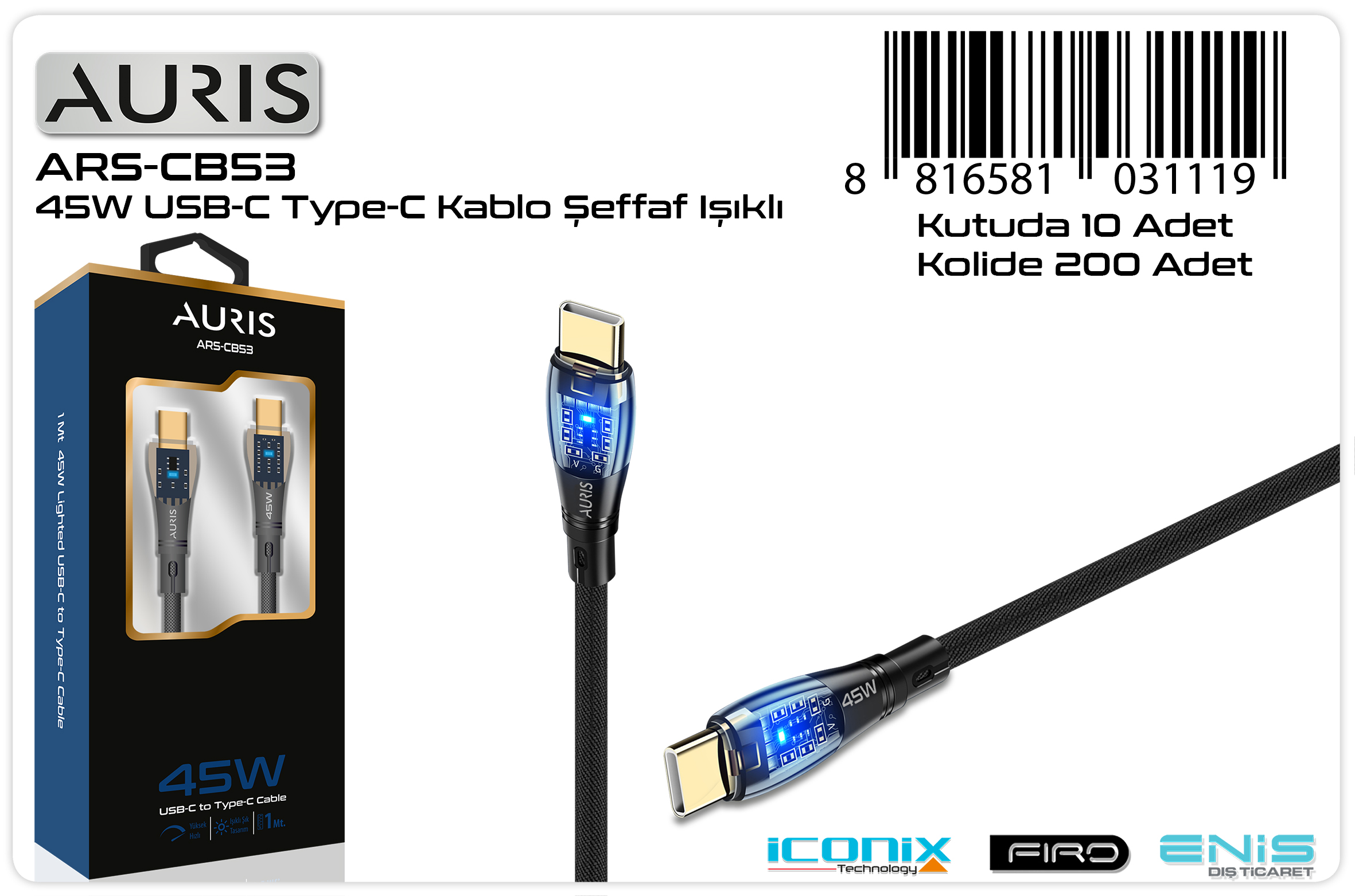 CB53 45W Usb-C Type-C Kablo Işıklı Şeffaf