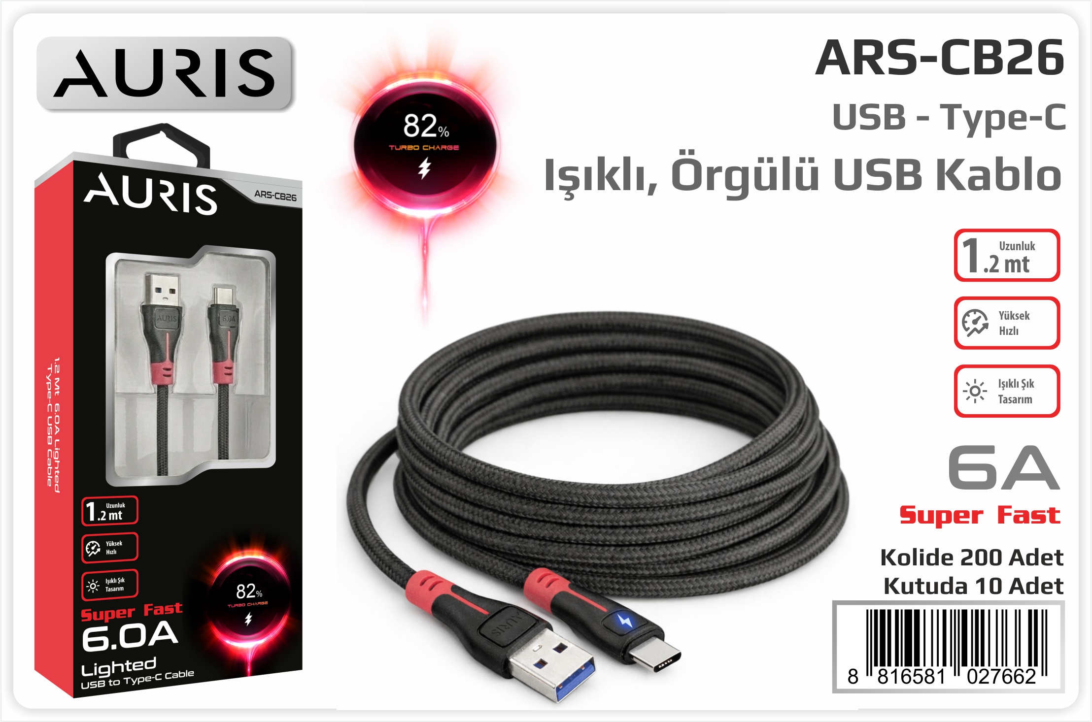 CB26 6A Type-C Kablo Işıklı