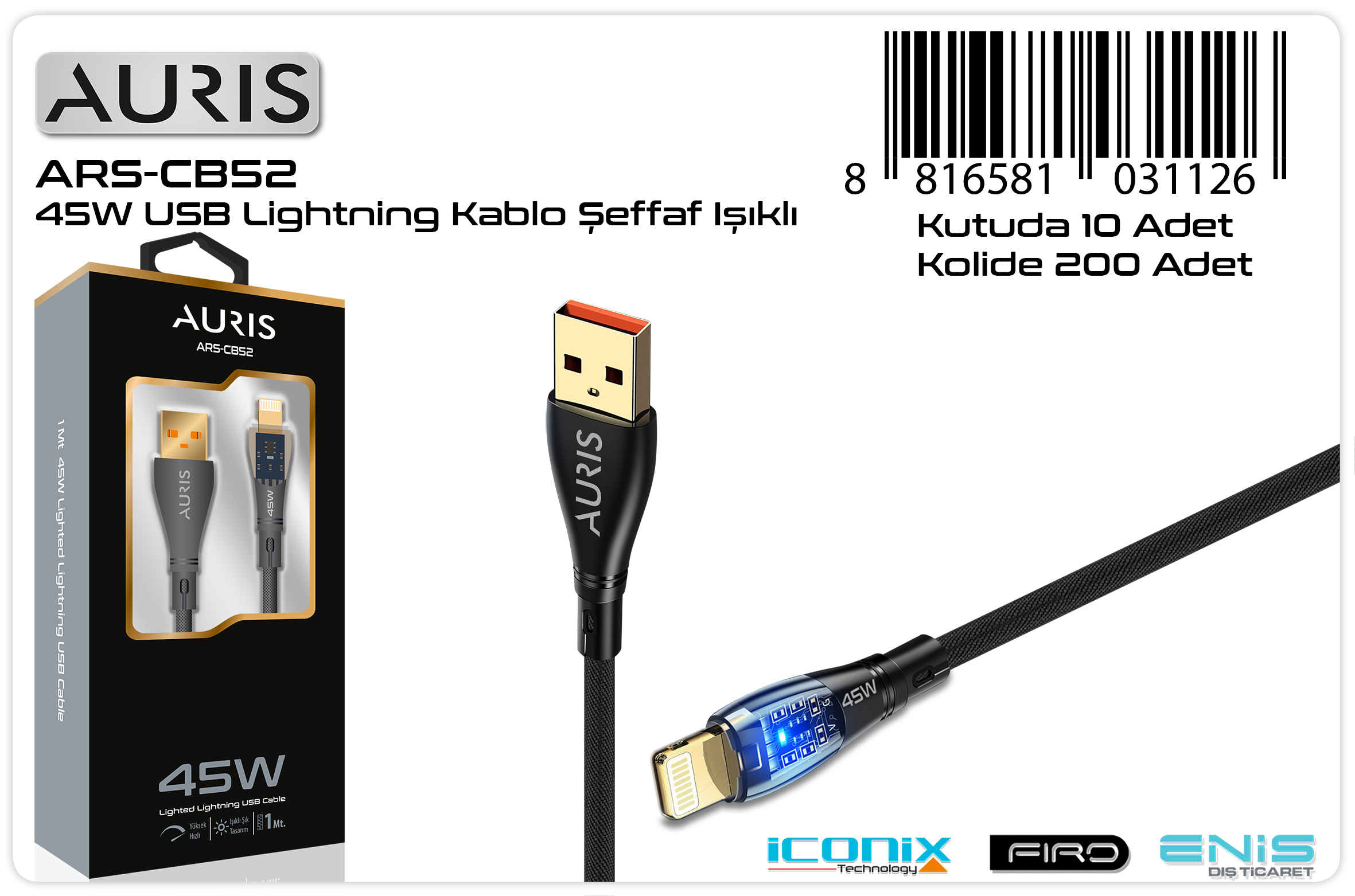 CB52 45W Lightning Kablo Işıklı Şeffaf