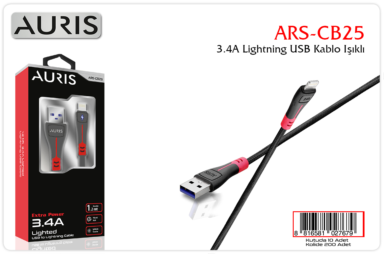 CB25 3.4A Lightning Kablo Işıklı