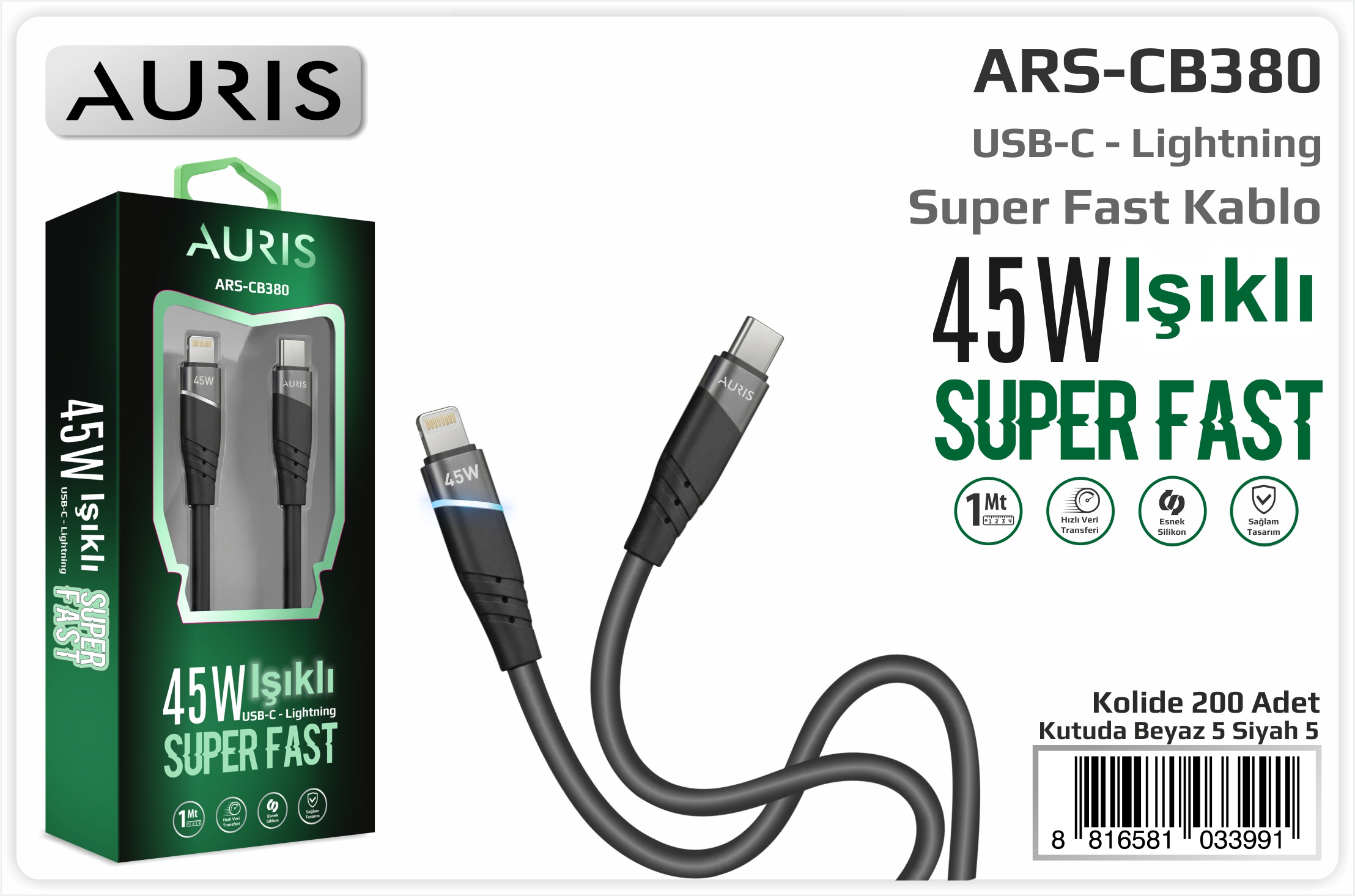 CB380 45W Usb-C Lightning Işıklı Metal Slik.Kablo
