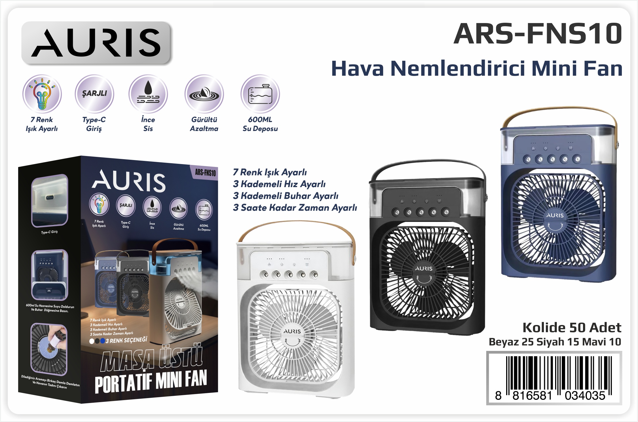 FNS10 Masa Üstü Buharlı Fan 3 Kademeli