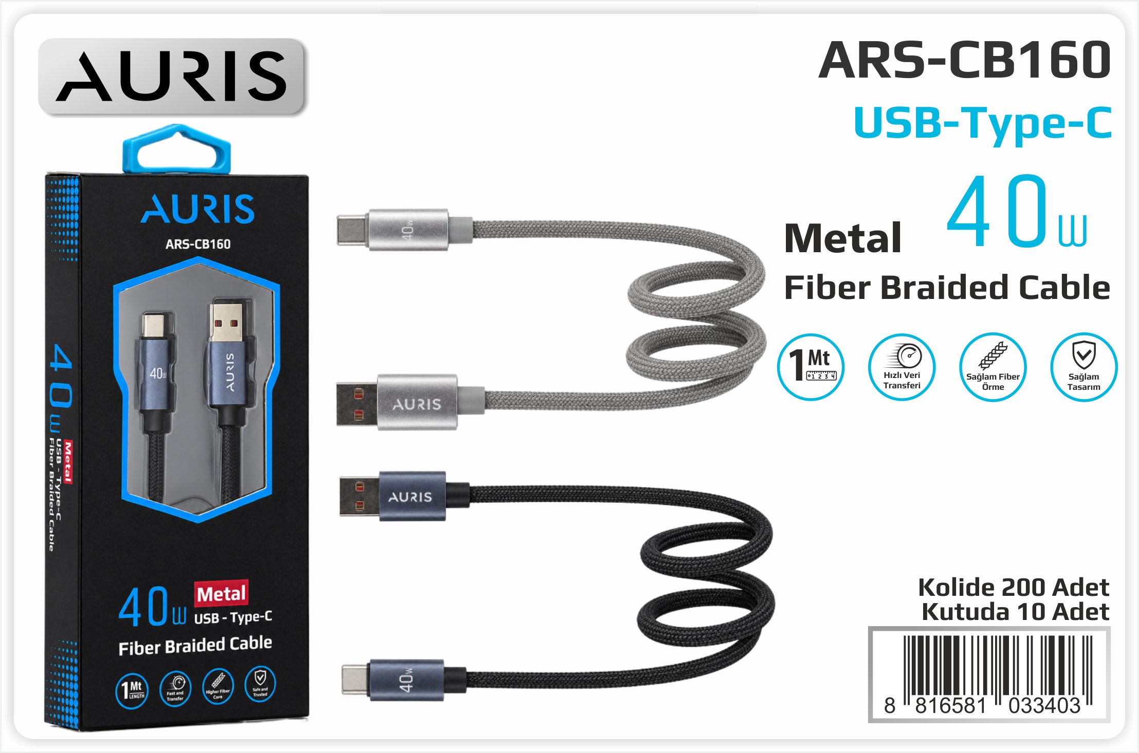 CB160 40W Type-C Metal Hasır Kablo
