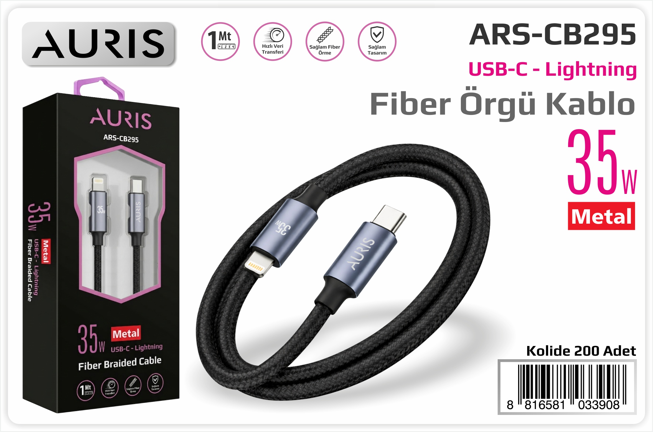CB295 35W Usb-C Lightning Metal Hasır Kablo