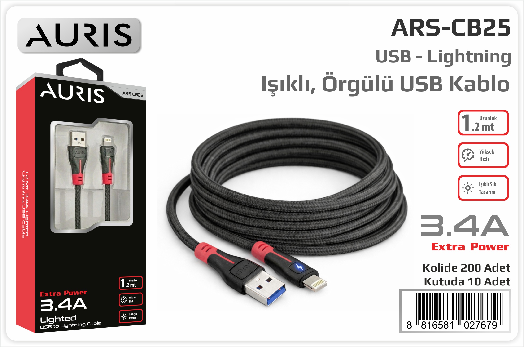 CB25 3.4A Lightning Kablo Işıklı
