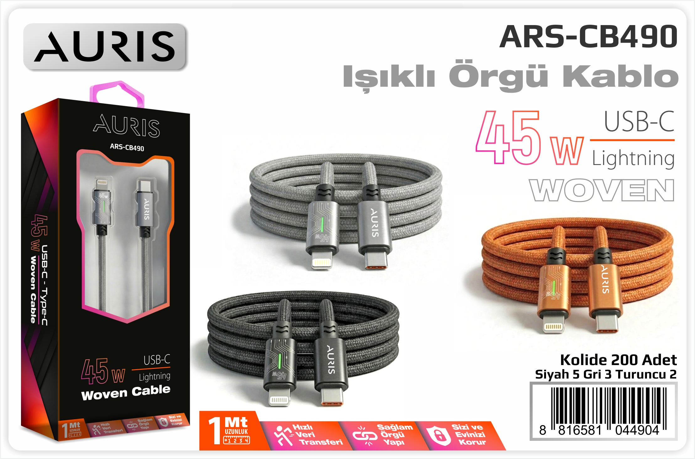 CB490 45W Usb-C Lightning Işıklı Metal Hasır Kablo