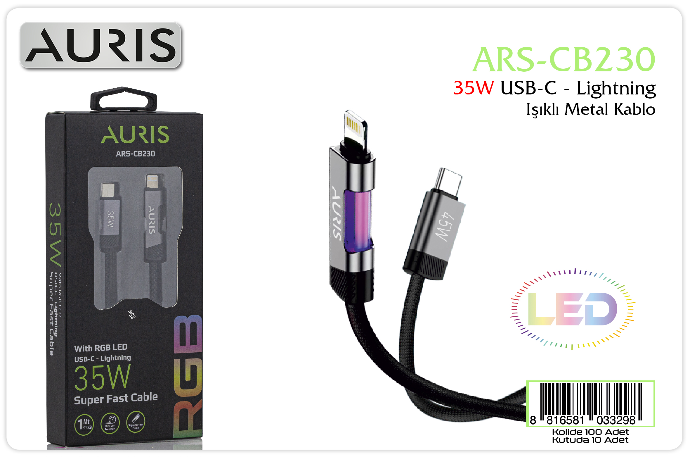 CB230 35W Usb-C Lightning Işıklı Metal Hasır Kablo