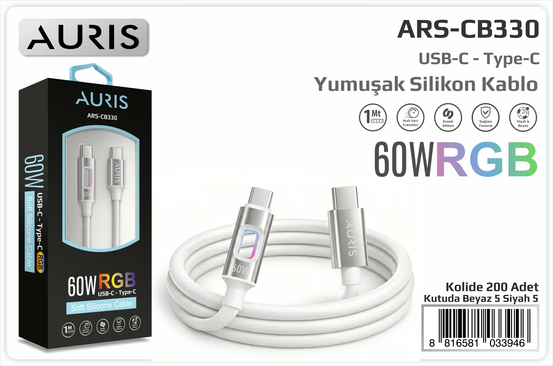 CB330 60W Usb-C Type-C Işıklı Metal Slikon Kablo