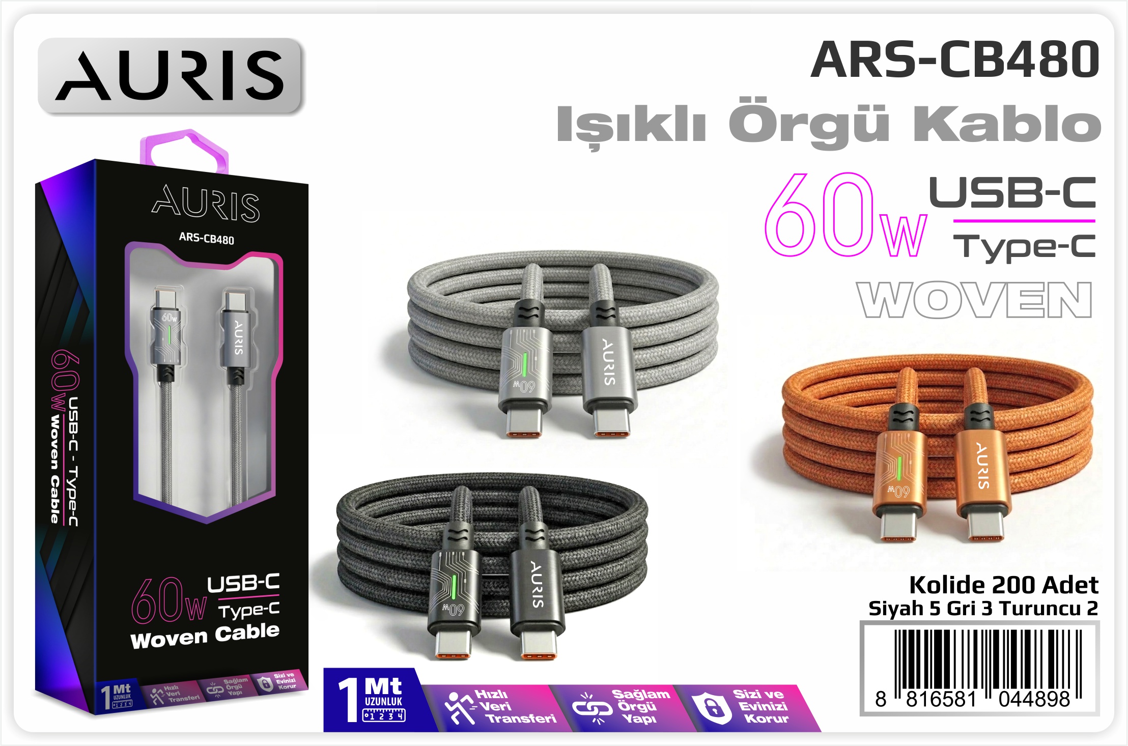 CB480 60W Usb-C Type-C Işıklı Metal Hasır Kablo