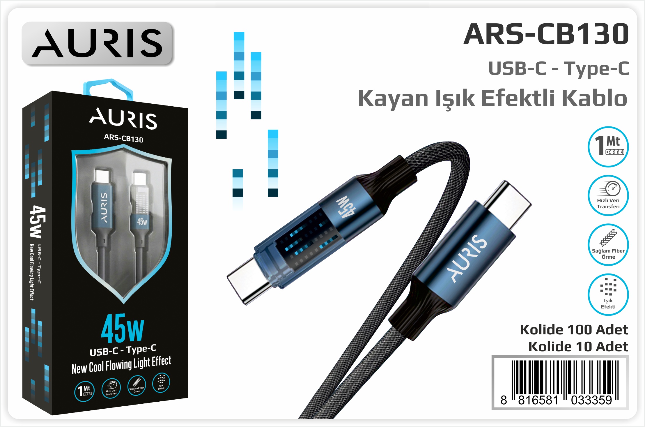 CB130 45W Usb-C Type-C Işıklı Metal Hasır Kablo