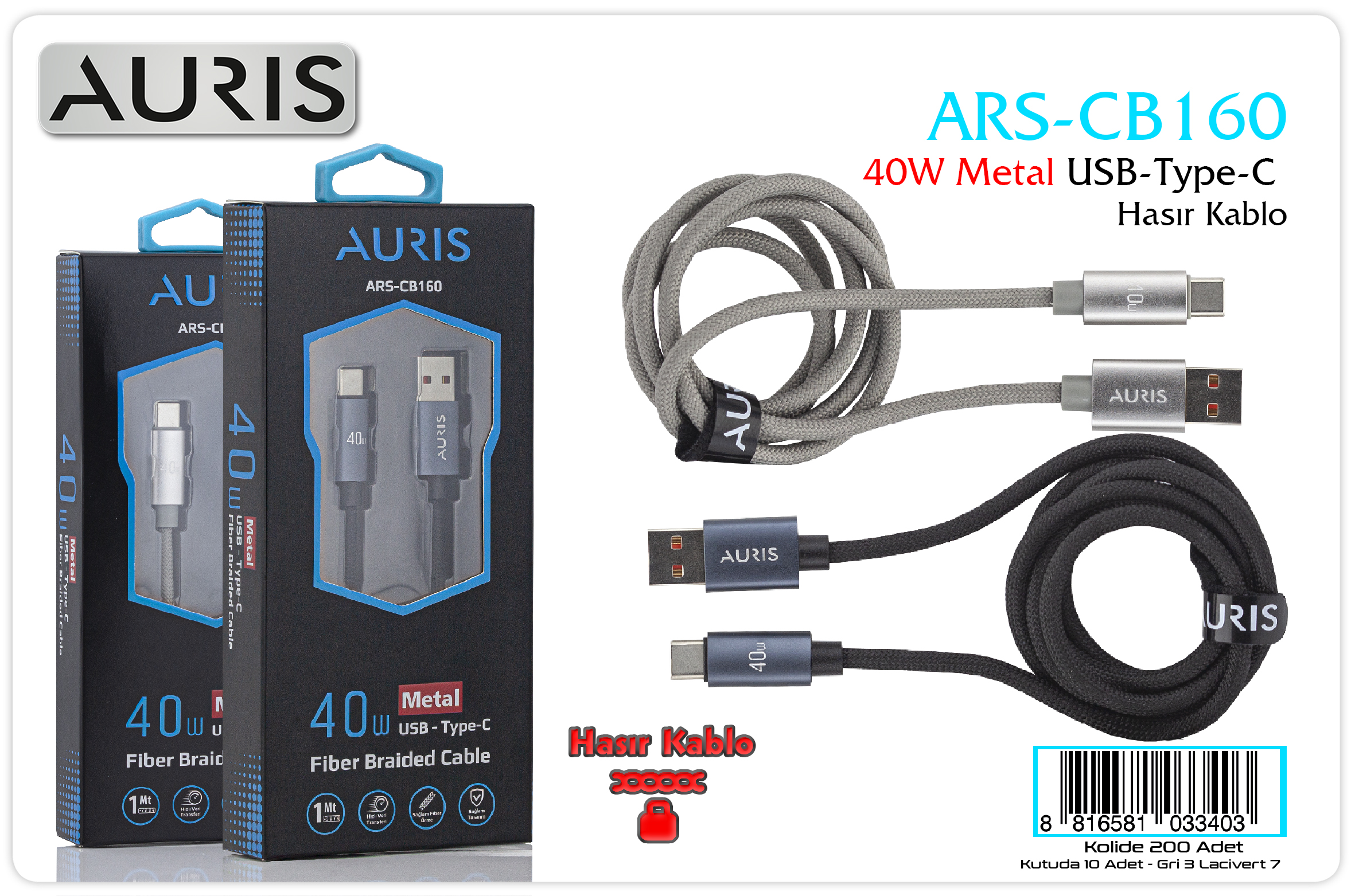 CB160 40W Type-C Metal Hasır Kablo