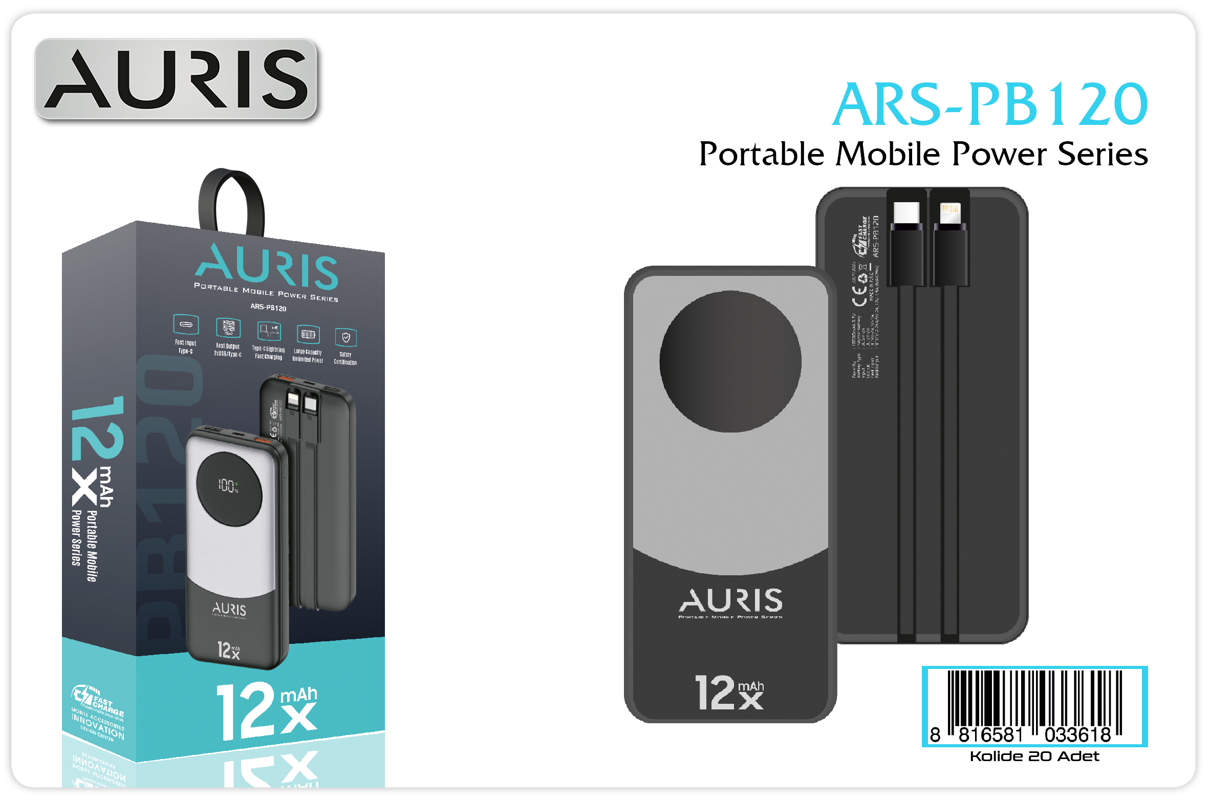 PB120 Fast 12.000 Mah Lcd+Kablolu