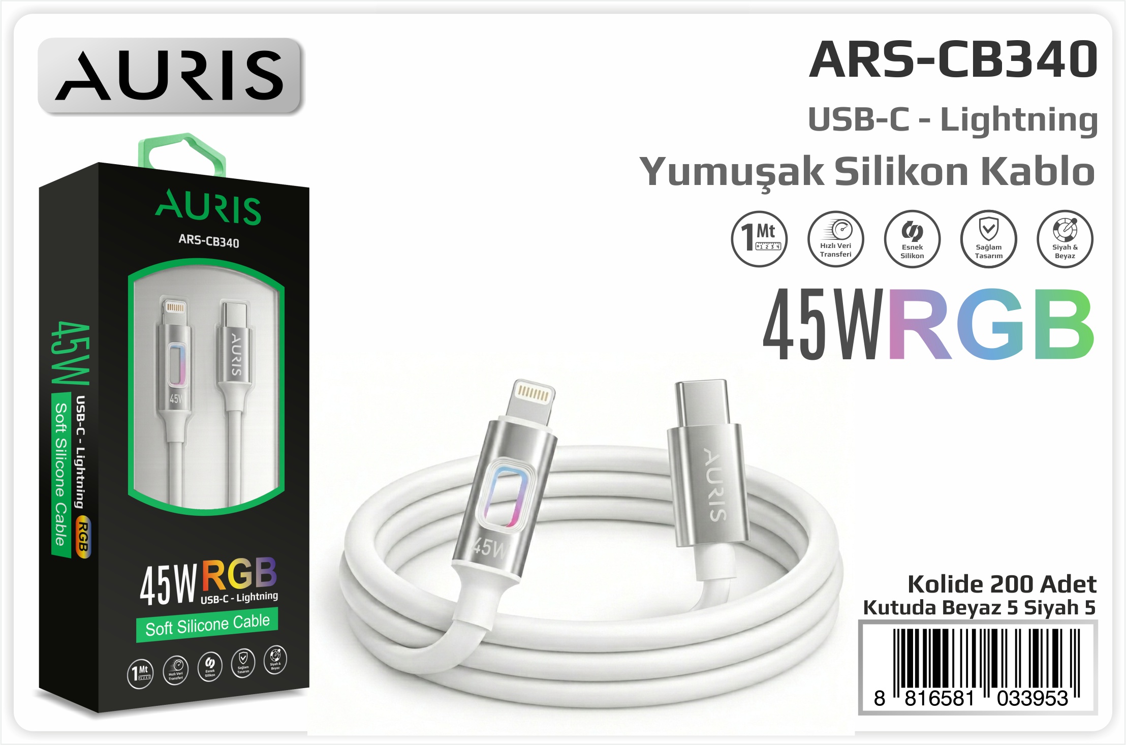 CB340 45W Usb-C Lightning Işıklı Metal Slik.Kablo