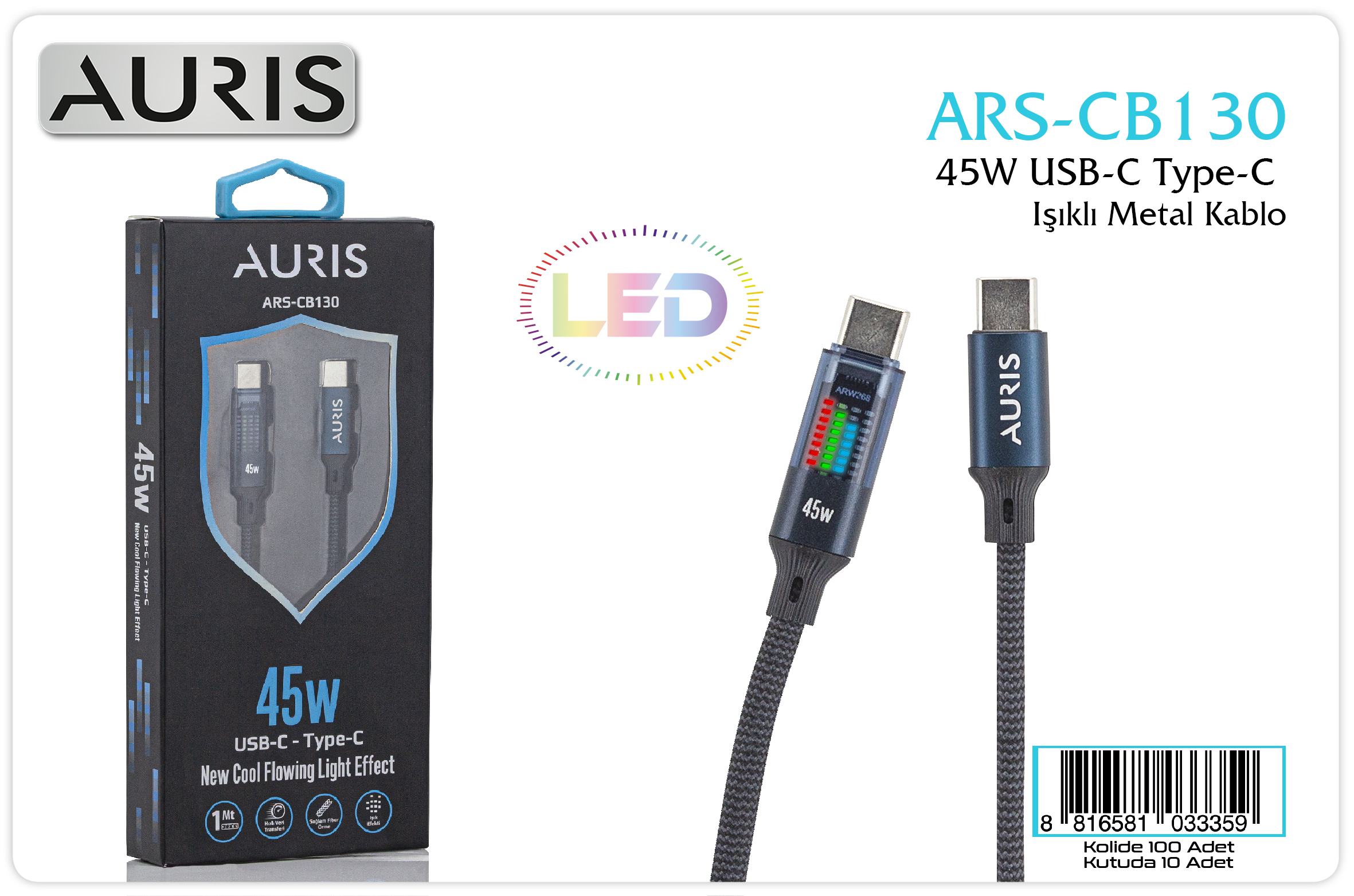 CB130 45W Usb-C Type-C Işıklı Metal Hasır Kablo